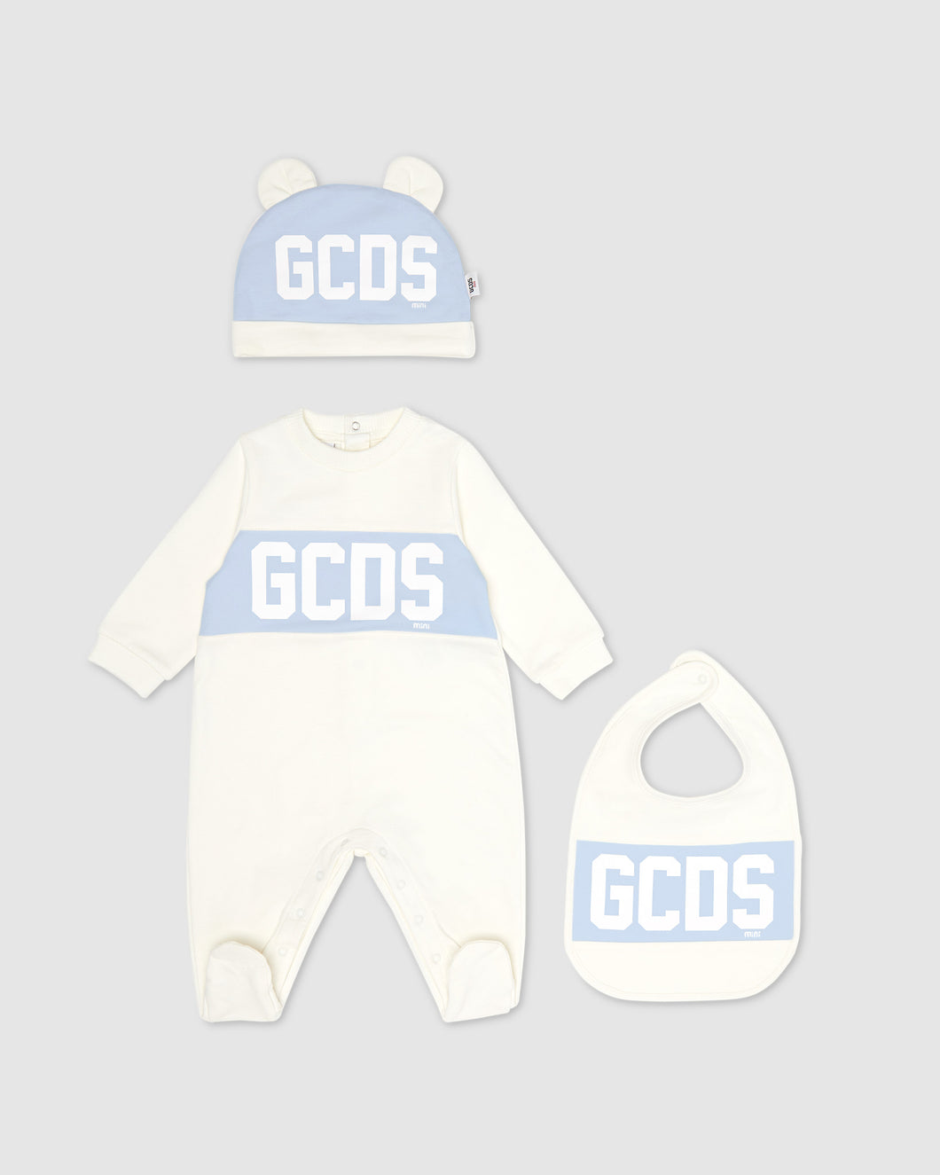 Gcds Logo band Three-Piece Baby Set: Unisex Playsuits and Gift Set Baby Blue | GCDS